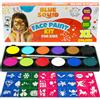 Blue Squid Set di trucchi per bambini, grandi 12, 30 + 3 stencil per pittura del viso, 120 ml, colori per corpo di qualità professionale, pennello, istruzioni, colore viso sicuro per pelli sensibili,