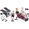 Sunny Health & Fitness Mini Stepper Machine, with Resistance Bands and LCD Monitor + Smart Compact Adjustable Rowing Machine, 12 Levels Adjustable Resistance