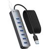 Yottamaster Hub USB 3.0 a 7 porte con cavo da 180 cm per desktop, splitter USB in alluminio da 5V3A, adattatore multiporta da 5 Gbps con porta USB-A per PC, laptop da 5V3A, MacBook