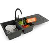 Avilia Lavello Cucina 2 Vasche con Gocciolatoio e Rubinetto, Nero | Lavandino cucina in agglomerato cementizio nero 115,7x50 cm, gocciolatoio reversibile, miscelatore canna alta incluso