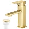 Vuadzren Rubinetto Bagno Lavabo Miscelatore da lavabo a foro singolo, forma quadrata, Oro, a leva singola con cartuccia ceramica, in acciaio inox(1,Oro con scarico