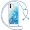 Vauki Cover per iPhone 11 con Cordino, Trasparente Glitter Liquido Antiurto Brillantini Tracolla Custodia, Silicone Bumper Laccio Sabbie Donna Protettivo Case per iPhone 11, Blu