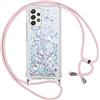 Vauki Cover per Samsung Galaxy A52s 5G/A52 4G/5G con Cordino,Trasparente Glitter Liquido Antiurto Brillantini Tracolla Custodia,Silicone Bumper Laccio Sabbie Donna Protettivo Case,Argento