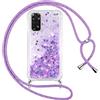 Vauki Cover per Xiaomi Redmi Note 11/Note 11S con Cordino, Trasparente Glitter Liquido Antiurto Brillantini Tracolla Custodia, Silicone Bumper Laccio Sabbie Donna Protettivo Case, Viola