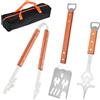 MFUSUL 4 Pezzi Set Accessori Barbecue in Acciaio e Legno, Spatola per Piastra Forata, Pinze da Cucina, Borsa Portaoggetti, Attrezzi Barbecue Professionali per Grigliate e Cucina All'aperto