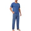 Litherday Pigiama Uomo Estivo Morbido Manica Corta con Pantaloni Lunghi | Maglia manica corta con tasca, pantaloni lunghi a quadri, tessuto morbido, riposo estivo casa viaggio sonno relax quotidiano