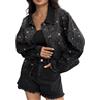 Fakanhui Giacca di jeans da donna con strass luccicante | Capispalla Collo con risvolto Largo Spalla goccia Morbido Denim Abbellito Primavera Autunno Partito Concerto Quotidiano