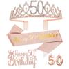 FUNCANDLE Corona per 50° compleanno, da donna, tiara e fascia in oro rosa, candele di compleanno con numeri 50, decorazione per torta