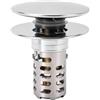 Kacerter Tappo Lavandino Bagno, Piletta Lavabo Universale in Acciaio Inox con Filtro Amovibile, Nucleo in Ottone, 4 Guarnizioni e Sistema Pop-Up, 28,5-55 mm, per Cucina, Bidet e Lavabo, Tappo Grande