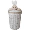 dvier Cesto portabiancheria in vimini, rotondo, bianco, coperchio con coniglietto di peluche, beige, 34 l, D.32 H.48