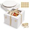 JUNUNDJING 5 Pezzi Scatola per Torta con Finestra 20.3 x 20.3 x 20.3cm, Porta Torta con Adesivi Nastro 5 Basi per Torte, Bianche Cake Box, Scatole per Torte Dolci Dessert Compleanni e Matrimoni
