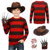 JoyFuncos Costume da Freddy Krueger per bambini, maglione a righe rosse e verdi, guanto, cappello, accessori per Halloween, cosplay, per ragazzi e ragazze