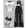 NONE Set da 2 pezzi per ragazze con stampa di lettere, top colorblock bianco e nero e pantaloni a gamba larga, outfit sportivo casual
