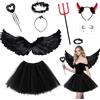 BITOYO Costume Angelo Halloween Costume Donna con Ali Corna Forcone Diavolo Guanti Calze a Rete e Gonna tutù, Ali Angelo Rosse Nero Bianco Costume Diavolo per Donna Feste di Halloween Carnevale