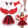 BITOYO Costume Angelo Halloween Costume Donna con Ali Corna Forcone Diavolo Guanti Calze a Rete e Gonna tutù, Ali Angelo Rosse Nero Bianco Costume Diavolo per Donna Feste di Halloween Carnevale