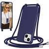 Jrkvniv Cover per iPhone 13/14 con Cordino, Blu Scuro | Morbido TPU Silicone Case con Laccio Tracolla, Regolabile e Rimovibile, Antiurto AntiGraffio Case