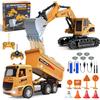 HILKKET Escavatore Radiocomandato e Camion Ribaltabile Telecomandato, 2 RC Veicoli da Costruzione con Segnali Stradali, Barriere, Pietre Simulate, Luci e Rumori, Regalo di Compleanno per Bambini 6 Anni