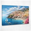 CheQuadro! Quadro urbano moderno, arte astratta, decorazione parete soggiorno, Panoramica della Costiera Amalfitana con Case Colorate e Mare, su tela pronto da appendere ct20-100x70 cm