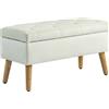 HOMCOM Panca Contenitore in Velluto Gambe in Legno di Caucciù 80x35x42 cm Crema