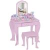 ZONEKIZ Set Toeletta Trucco per Bambina con Specchio e Sgabello in Legno Rosa