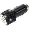 Dripio Caricabatterie da auto con doppia porta USB, dotato di martello di emergenza, decorazioni in cristallo, colore nero