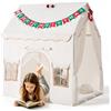 VEVOR Tenda da Gioco per Bambini 2 in 1 con Telaio in Legno Colore Beige, con Tappetino Imbottito, Ideale per Compleanni Uso Interno ed Esterni, Angolo Lettura, con Luci a Stelle, Pompon e Finestra