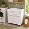 Inbagno Mobile Lavatoio Lavanderia Bianco 80x50 cm con Vasca in Ceramica - Mobiletto Pilozza a Due Ante con Kit di Scarico Incluso - Già Assemblato Linea Lavanderia