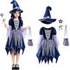 Generico Vestito Halloween Bambina Kit Vestiti Strege Con Accessori Per Feste | 4 Pezzi Con Vestito Cappello Bacchetta E Borsetta Per Halloween Carneval Spettacolo Festa 4-14 Anni