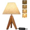 OUTON Lampada da Tavolo con Treppiede, Lampada da Comodino, Finitura Noce | 37 cm, Attacco E27, Lampadina LED 6W Inclusa, Dimmerabile, Timer 30/60/120 min, Paralume in Lino, Finitura Noce