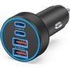 JUNVANG Caricabatteria da auto USB C, 4 porte 90 W super veloce ricarica adattatore | [4 in 1] Dual 45W USBC & USB-A, Caricabatterie da auto multiporta per iPhone 18 17 16 15 14 13 Pro Max, iPad, Galaxy