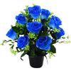MuchLuckystar Fiori finti, 12 teste di rose artificiali in seta con vaso, per esterni, commemorativi, decorazioni floreali per tombe, decorazioni per la casa (blu)