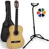 AMROVA - Pacchetto chitarra classica 3/4 bambino 8-12 anni mancino + custodia + supporto per pavimento pieghevole + 6 plettri - corde in nylon, libro accordato (naturale, 3/4, mancino)