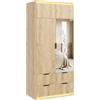 Azkoeesy Armadio con specchio e 4 cassetti per camera da letto, 200 x 90 x 47 cm, Armadio modern a 4 ante con asta appendiabiti, effetto legno naturale