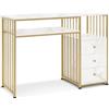 BarberPub tavolo manicure 3 cassetti & 2 ripiani, tavolo trucco senza specchio bianco-oro, tavolo legno unghie/parrucchiere, scrivania istituto bellezza, marmo bianco-oro, 45,5x109x81cm, 2407