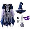 Generico Vestito Halloween Bambina Strega, Vestito Strega Bambina Costume Halloween Ragazza Accessori Set 4 Pezzi con Vestito, Cappello, Bacchetta e Borsetta, per Halloween Carnevale Spettacolo Feste 1-14 anni