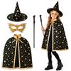 Huanmin Costume di Halloween per bambini, mantello da strega con cappello, zucca, borsa per caramelle, mantello da mago con oggetti di scena per ragazzi e ragazze, feste cosplay (nero)