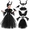 HHDESHSL Malefica Costume Bambina, Vestito Malefica per Bambine con Copricapo, Ali, Coprispalle di Piume, Maniche, Corvo, Vestito Malefica Bambina, Abito da Regina Cattiva per Halloween Carnevale Cosplay