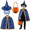Huanmin Costume di Halloween per bambini, mantello da strega con cappello, zucca, borsa per caramelle, mantello da mago con oggetti di scena per ragazzi e ragazze, feste cosplay (nero)