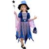 Generico Vestito Halloween Bambina Strega, Vestito Strega Bambina Costume Halloween Ragazza Accessori Set 4 Pezzi con Vestito, Cappello, Bacchetta e Borsetta, per Halloween Carnevale Spettacolo Feste 1-14 anni