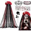 Yeaxxsqy Set Costume da Sposa Fantasma di Halloween con Velo Maschere di Pizzo Tatuaggio Viso Stile Rosa 2, Fascia per Capelli Rosa di Halloween con Velo