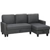 HOMCOM Divano Letto 3 Posti con Chaise Longue Convertibile Grigio Scuro | Divano Angolare con Vano Portaoggetti, Cuscini Sfoderabili in Tessuto Effetto Lino, 197x129x85 cm