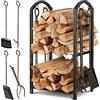 KESSER® Set Scaffale per camino 5 pezzi, scaffale a 2 piani per legna da ardere, uso in interni ed esterni, in metallo, con 4 utensili per il camino e il forno, acciaio 40 x 30 x 74,5cm