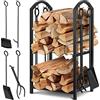 KESSER® Set Scaffale per camino 5 pezzi, scaffale a 2 piani per legna da ardere, uso in interni ed esterni, in metallo, con 4 utensili per il camino e il forno, acciaio 40 x 30 x 74,5cm