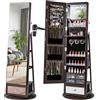 COSTWAY Armadietto Portagioie Girevole a 360° (Marrone Scuro) | Specchio Portagioie con Serratura, Supporto per Asciugacapelli, Ripiani, Luci LED e Cassetto, 56 x 56 x 164 cm
