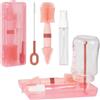 Vicloon Spazzole per biberon, 5 in 1, set di spazzole da viaggio per biberon in silicone, tettarella, dispenser di sapone, stendibiancheria, accessori essenziali da viaggio per bambini (rosa)