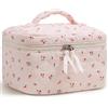Prite Beauty case da viaggio in velluto a coste, da donna, colore rosso | Borsa per trucchi, carina, morbida, leggera, con maniglia, cerniera, tasca in rete per pennelli, lavabile