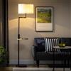 HOMCOM Lampada da Terra con Mensola Integrata in Bambù, Nero e Beige | Lampada da Pavimento, Paralume in Tessuto Effetto Lino, Base in Acciaio, Interruttore a Catena, Attacco E27