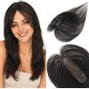 S-noilite Topper Capelli Veri Donna Frangia A Tendina #1B Nero Naturale - Base Lace 3x13cm Lavorata a Mano, Hair Topper Capelli Umani per Zone Diradate 10g 25cm