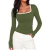 Aottori Maglia Donna Manica Lunga Scollo Quadrato a Contrasto Costine | Maglietta, Aderente, Basic Top, Slim Fit, Elegante, T-Shirt, Elasticizzato, Tinta Unita, Casual