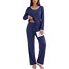 Uniexcosm Pigiama Donna Invernale, Pizzo, Manica Lunga | Scollo a U con pizzo, pattina a 3 bottoni, pantaloni dritti con coulisse e tasche, per la notte e il relax in casa